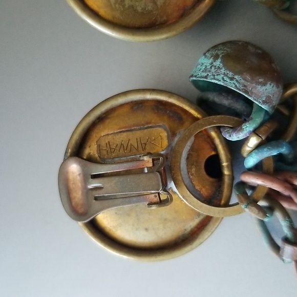 Dannah Designer Dangling Clip On Copper Brass Patina Link Handmade Earrings - Picture 11 of 16